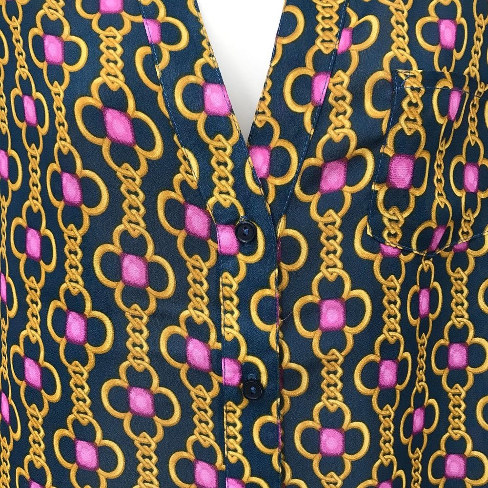 NWT Larsen Gray Womens Black Chain Print Button Front Blouse Size M - Picture 3 of 7
